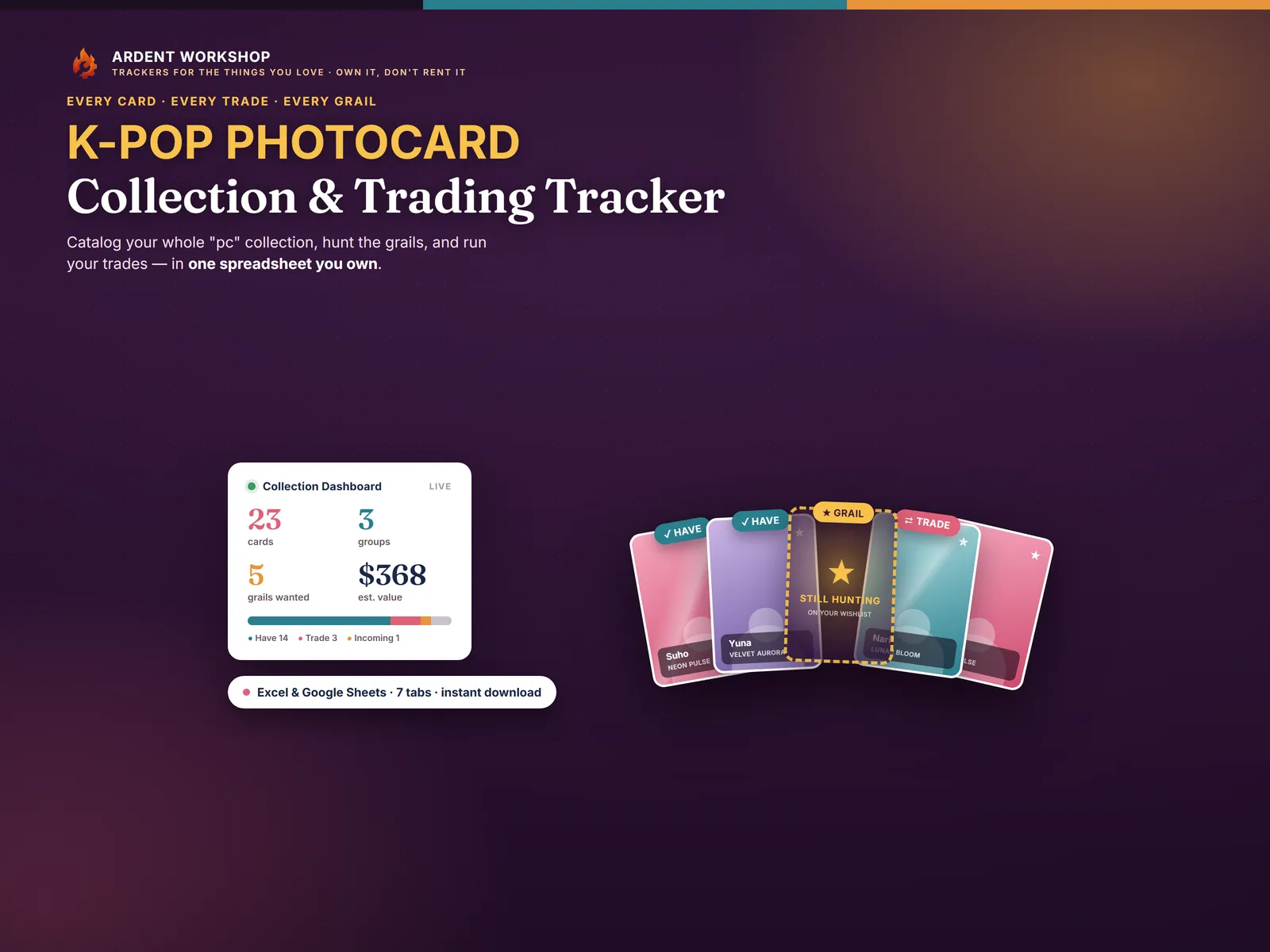 K-Pop Photocard Collection & Trading Tracker — catalog every card, hunt grails, and run trades in one spreadsheet