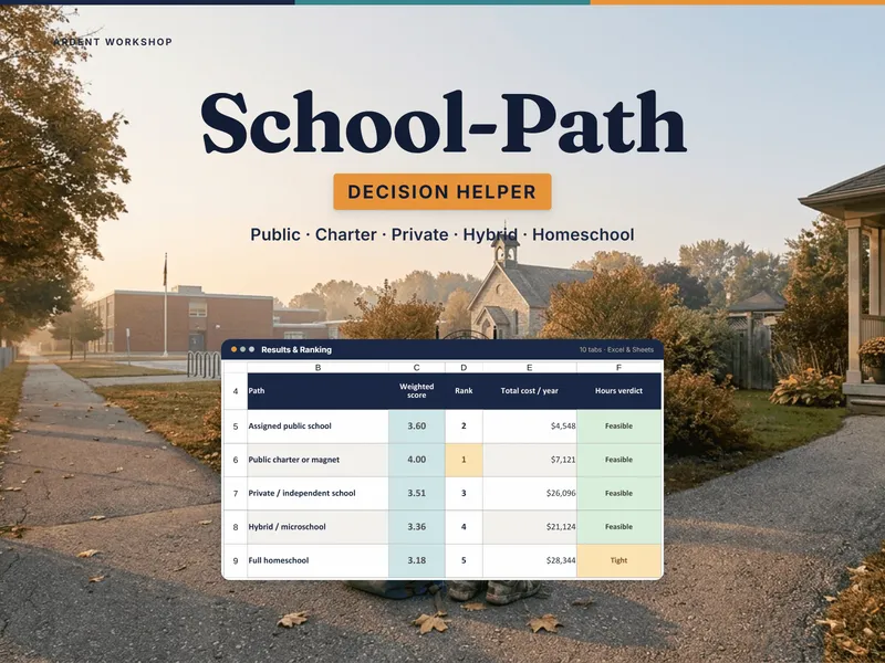 School-Path Decision Helper — a weighted scorecard ranking public, charter, private, hybrid and homeschool by overall fit and true cost
