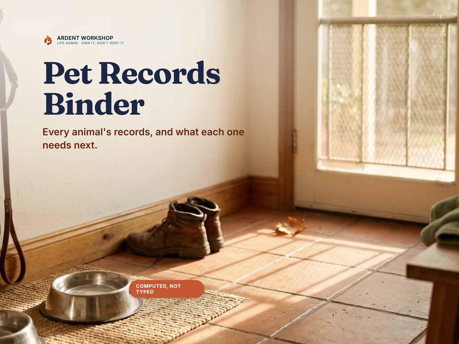 The Pet Care & Records Binder's Care Dashboard with a row per pet across three pets — Coming up, All current, Action needed — on a sunlit back-door floor