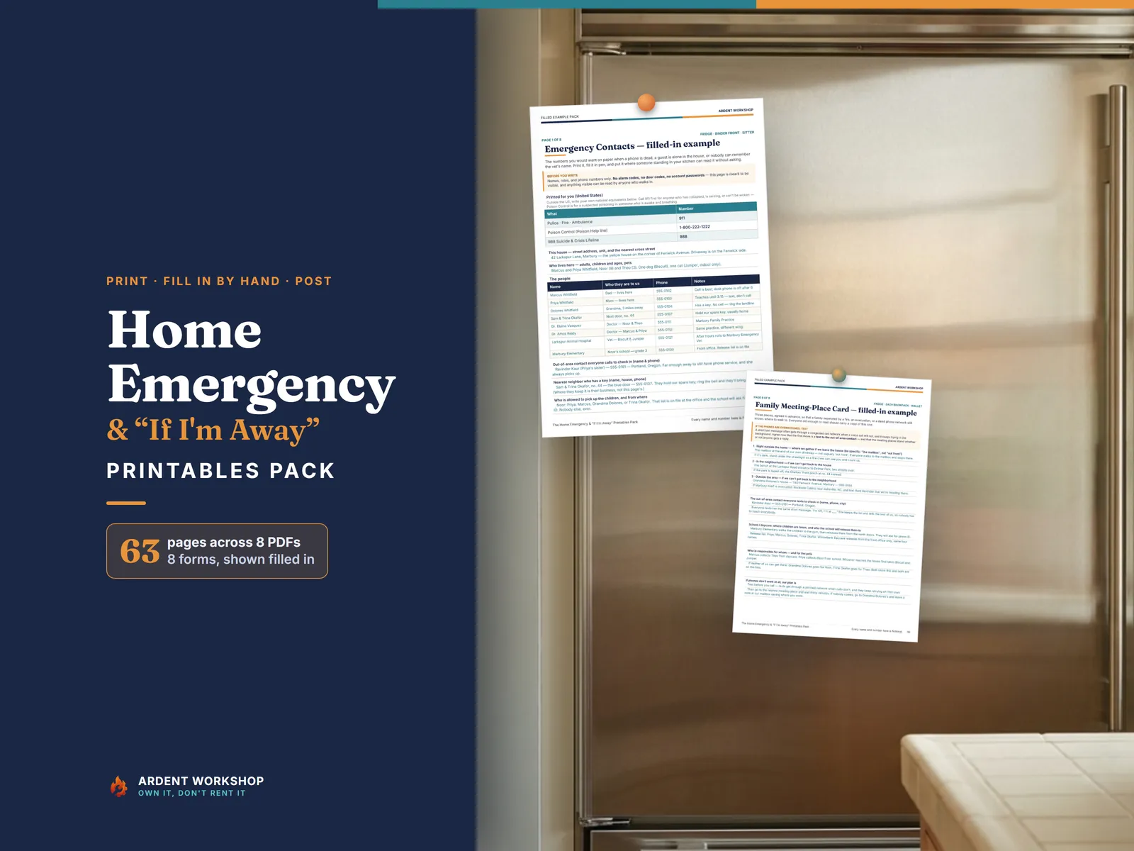 Home Emergency and If I'm Away Printables Pack — printed emergency contact and family meeting-place pages held by magnets on a stainless refrigerator door