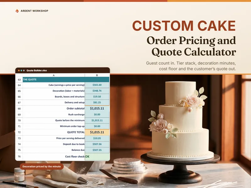 A decorator's marble bench with a three-tier cake and the Quote Builder open beside it — a $1,015.11 itemized quote, cost floor check reading OK