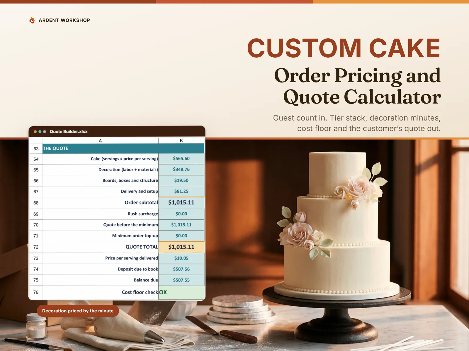 A decorator's marble bench with a three-tier cake and the Quote Builder open beside it — a $1,015.11 itemized quote, cost floor check reading OK