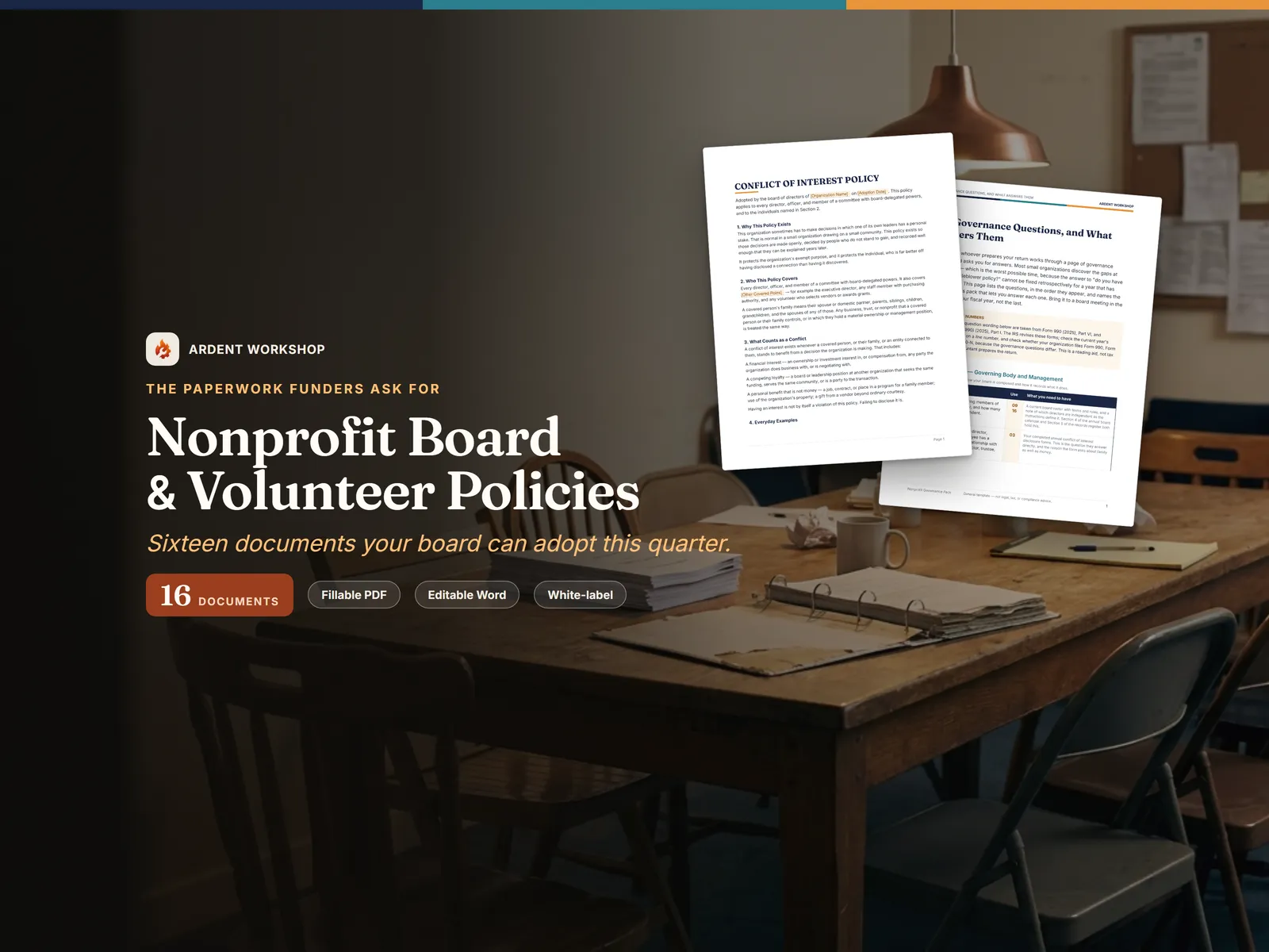 Nonprofit Board & Volunteer Policy Template Pack — 16 fillable governance documents on a small nonprofit's board table