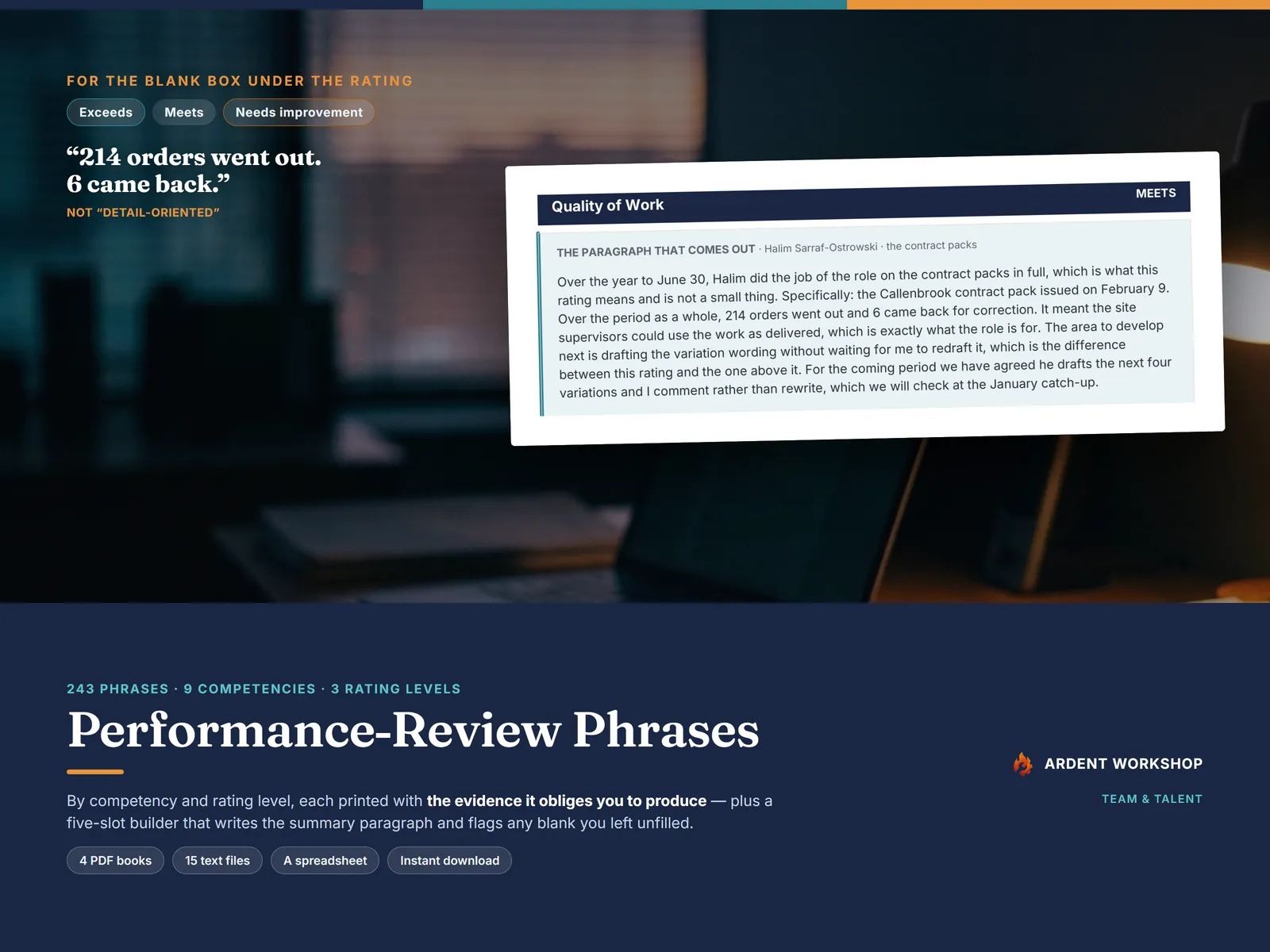Performance-Review Phrasing and Feedback Wording Bank — a finished review paragraph card over a manager's desk at dusk, the review form still open
