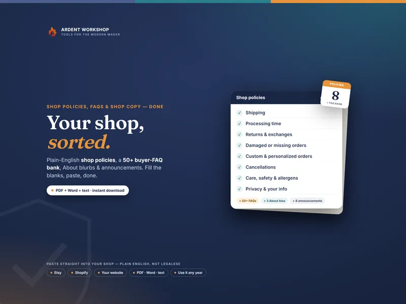 Maker's Shop Policies & FAQ Pack — editable shop policies, a 50+ FAQ bank, About blurbs & announcements