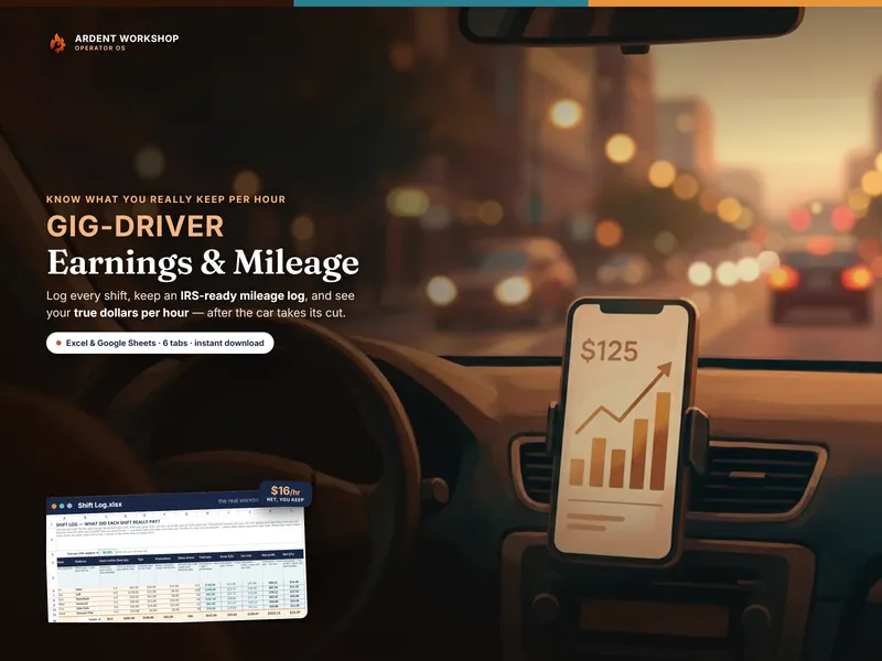 Gig-Driver Earnings & Mileage Workbook — true hourly rate, IRS mileage deduction, and Schedule-C expenses for Excel & Google Sheets
