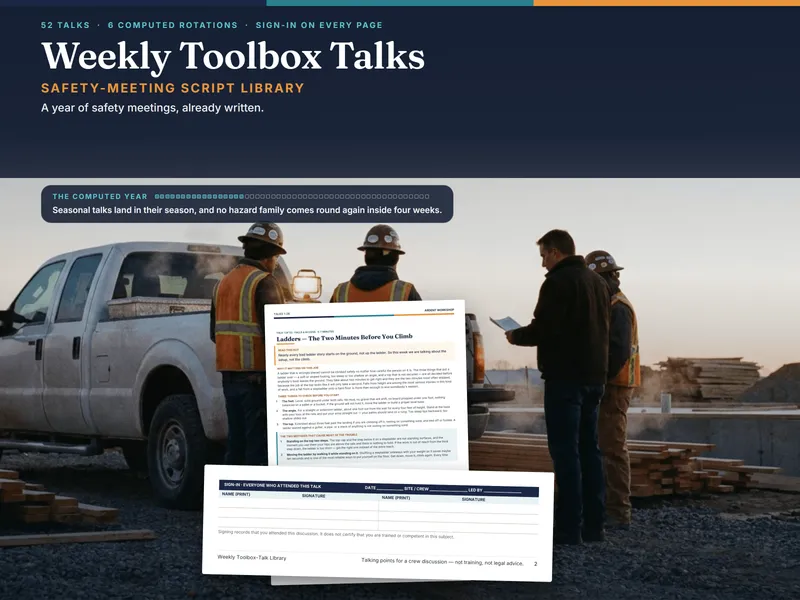Weekly Toolbox-Talk & Safety-Meeting Script Library — a printed toolbox talk page with its sign-in slip, in front of a crew gathered at a pickup at first light
