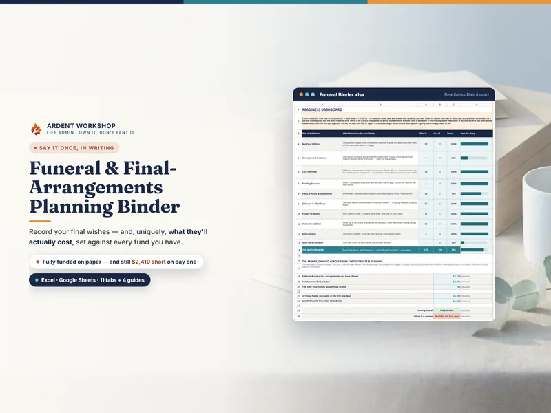 Funeral & Final-Arrangements Planning Binder for Excel and Google Sheets — record your final wishes and what they would cost