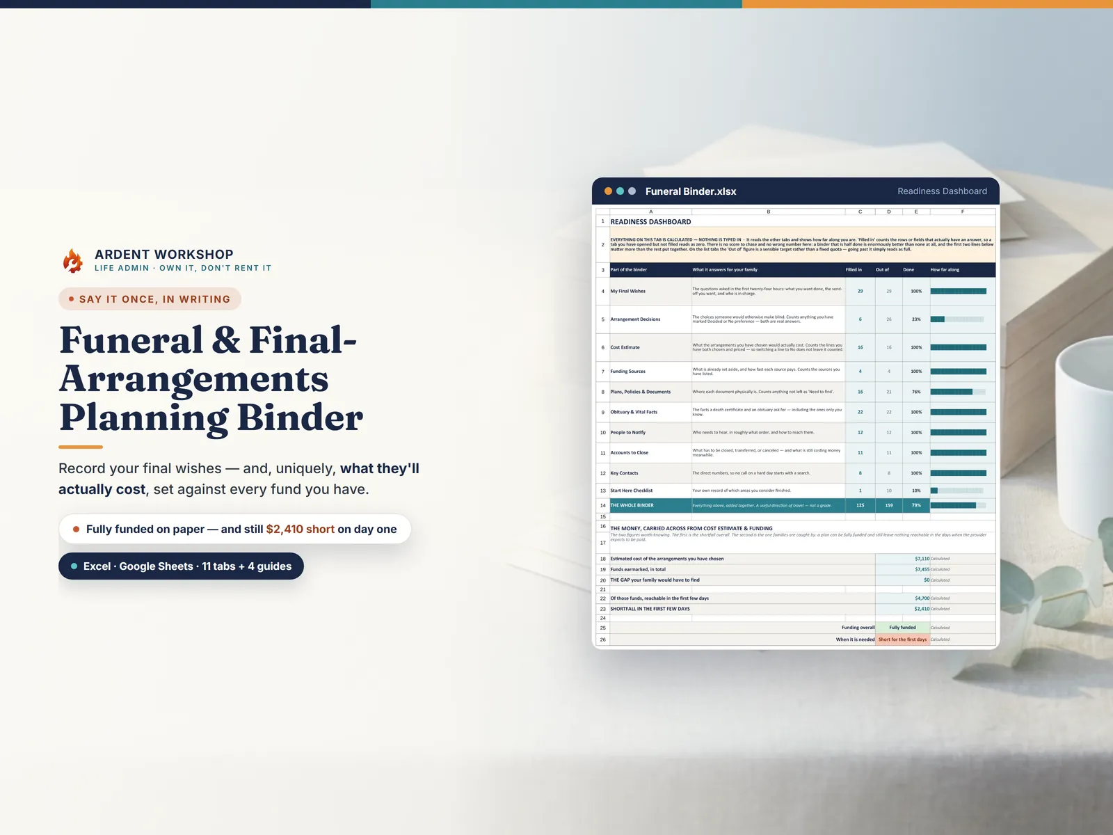 Funeral & Final-Arrangements Planning Binder for Excel and Google Sheets — record your final wishes and what they would cost