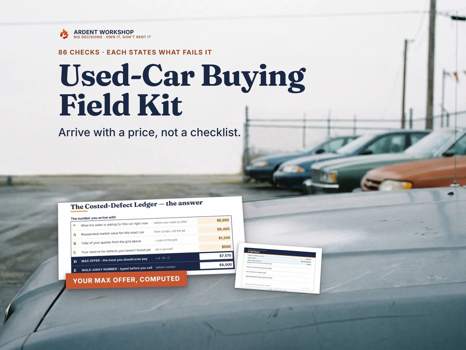 Used-Car Buying Field Kit — the printed Costed-Defect Ledger answer page and a cut-out cold-start card lying on a car hood on a used-car forecourt