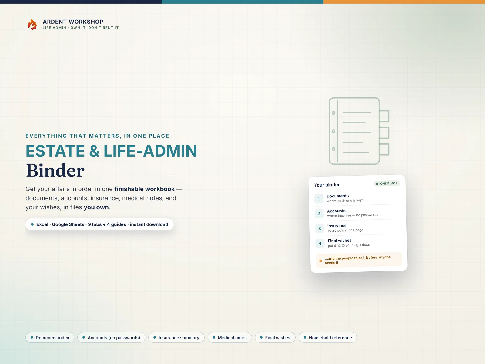 Estate & Life-Admin Binder — organize important documents, accounts, insurance, and final wishes for Excel and Google Sheets