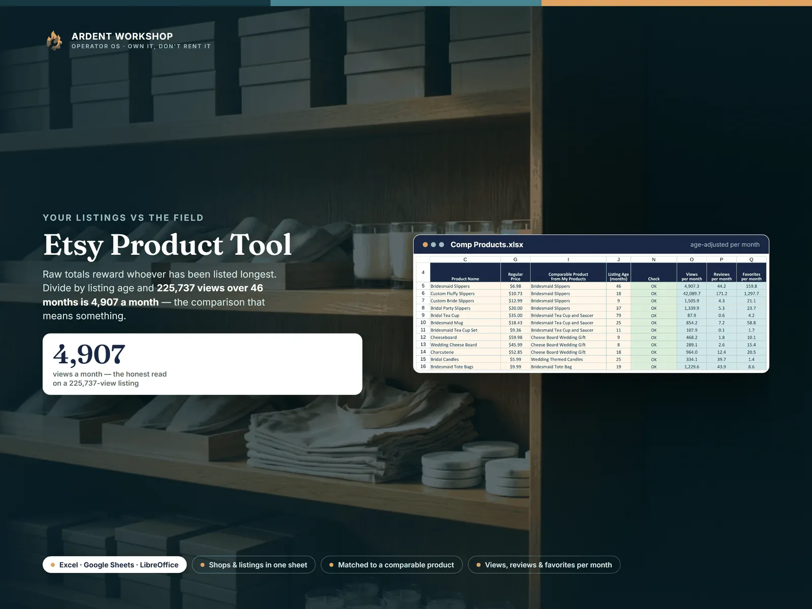 Etsy Product Tool — a real view of the competitor tab: each rival listing's price and its views, reviews, and favorites converted to a per-month figure using its age