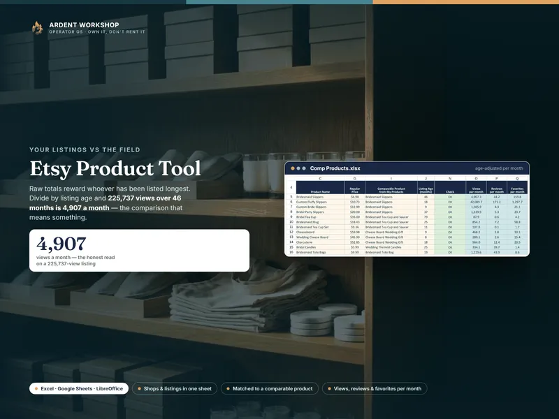 Etsy Product Tool — a real view of the competitor tab: each rival listing's price and its views, reviews, and favorites converted to a per-month figure using its age