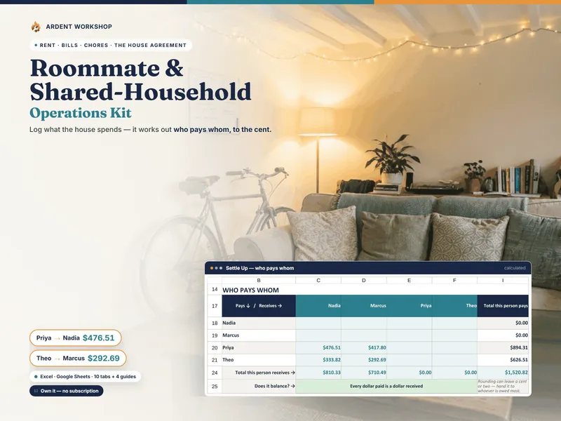 Roommate & Shared-Household Operations Kit — log what the house spends and it works out who pays whom, to the cent, for Excel and Google Sheets