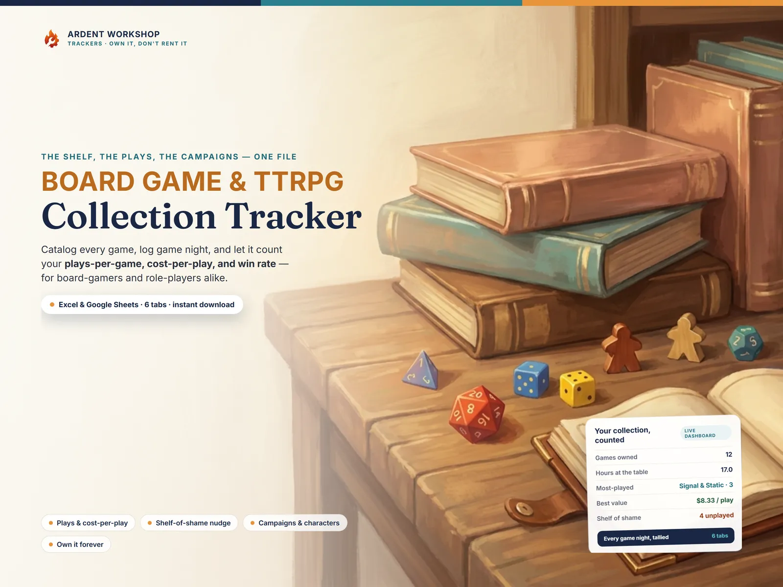 Board Game & TTRPG Collection Tracker — catalog your shelf, log plays, and count cost-per-play and win rate