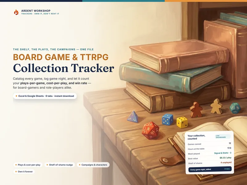Board Game & TTRPG Collection Tracker — catalog your shelf, log plays, and count cost-per-play and win rate
