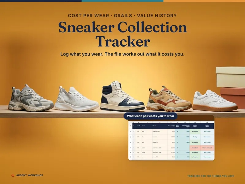 Sneaker Collection Tracker - a collection spreadsheet for Excel and Google Sheets, turning price paid and wear count into a cost per wear