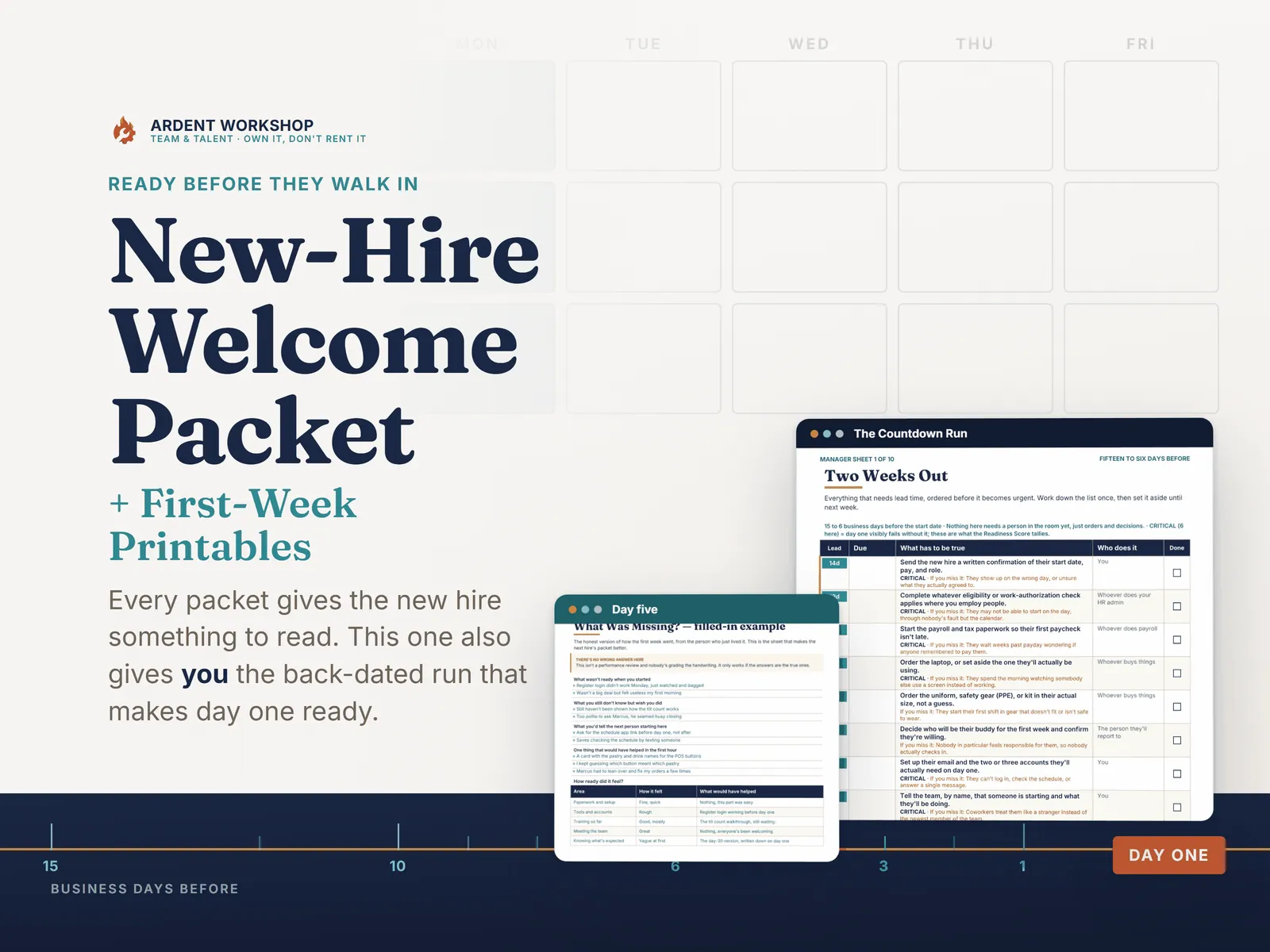 New-Hire Welcome Packet — the Countdown Run and the day-five feedback slip above a timeline counting business days to day one