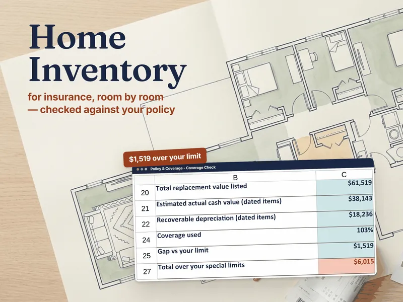 Home Inventory for insurance, room by room - the Coverage Check from the workbook laid over a home's floor plan, showing the example household's $61,519 listed against the limit, 103% coverage used, a $1,519 gap and $6,015 over its special limits