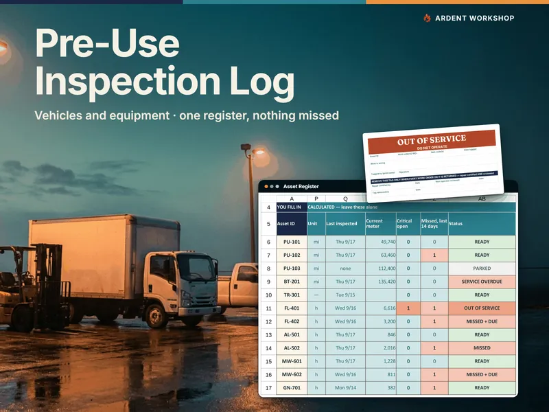 Vehicle & Equipment Pre-Use Inspection Log, showing the Asset Register's computed status for a mixed fleet beside a printable out-of-service tag