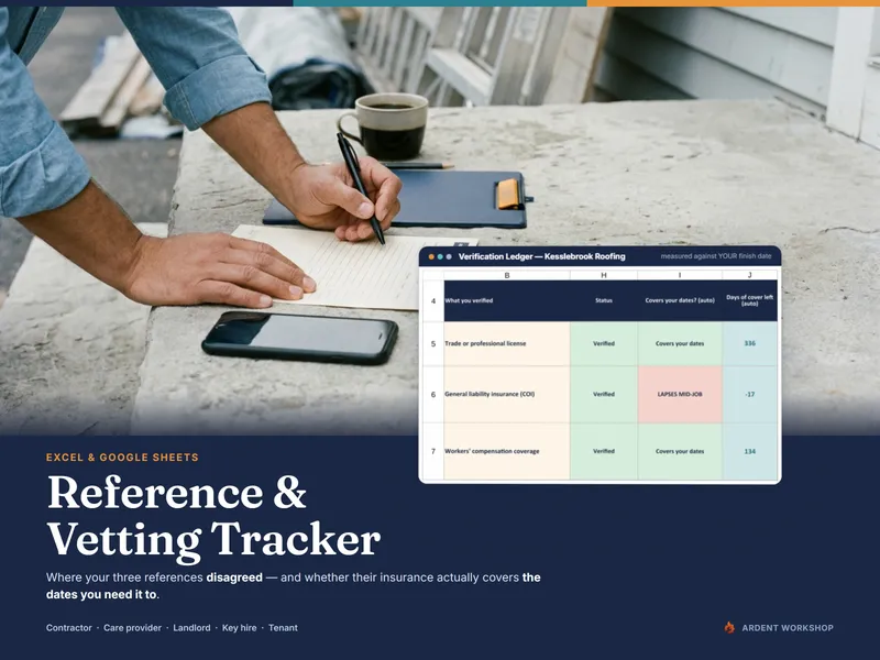 Reference & Vetting Tracker — a reference call in progress on a job site, beside the workbook's verification ledger showing a liability certificate reading LAPSES MID-JOB with 17 days of cover short