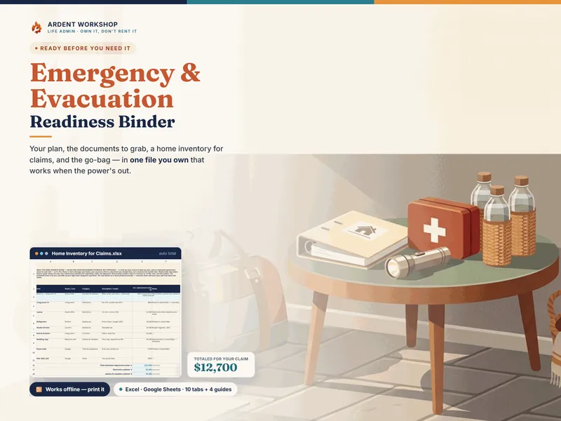 Emergency & Evacuation Readiness Binder — your plan, documents to grab, home inventory, and go-bag in one file you own for Excel and Google Sheets