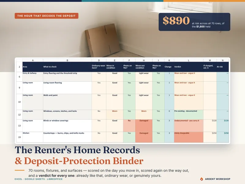 Renter's Home Records & Deposit-Protection Binder — an empty rental room on handover day above real Condition Log rows showing pre-existing, wear-and-tear, and undocumented verdicts