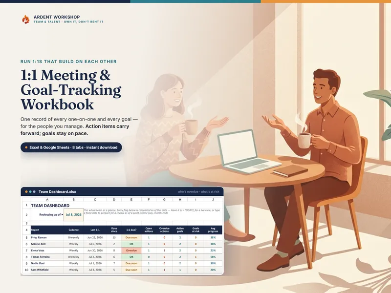 1:1 Meeting & Goal-Tracking Workbook — one record of every one-on-one and every goal for the people you manage