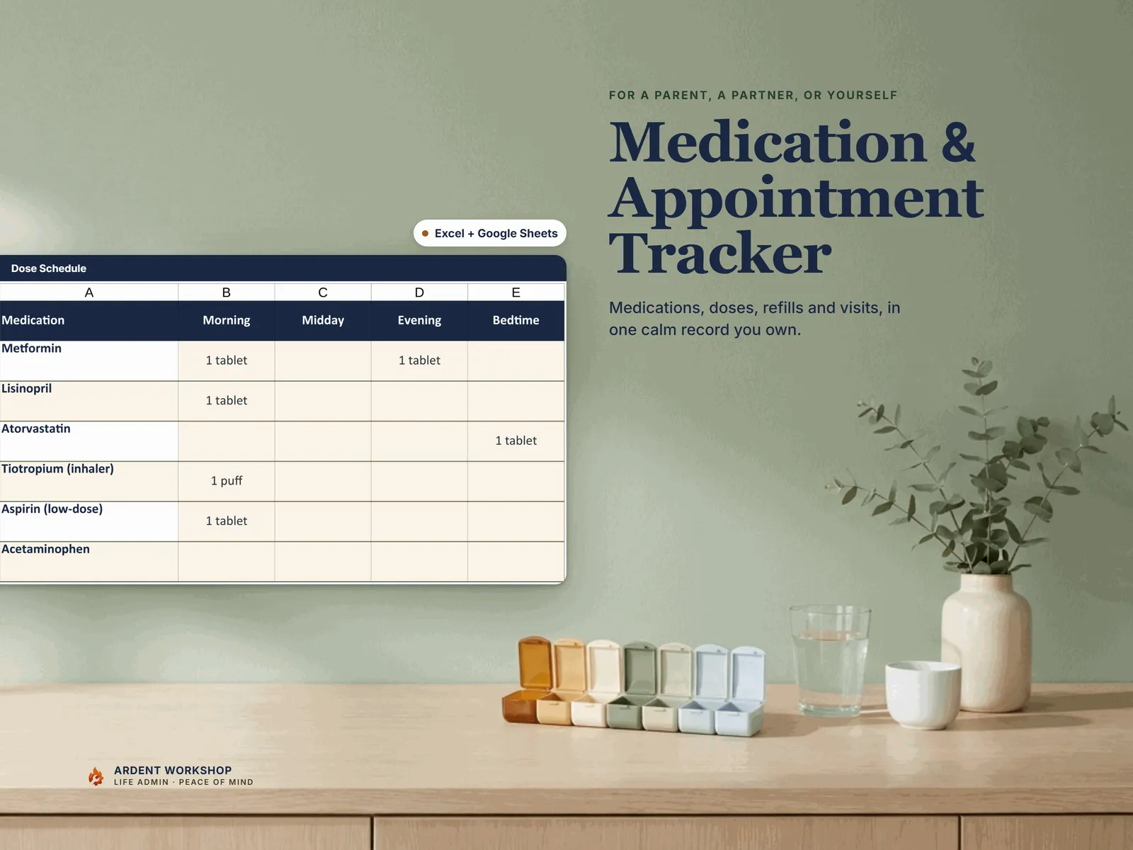Medication & Appointment Tracker — the real Dose Schedule tab, each medication from morning to bedtime, beside a weekly pill organizer on a kitchen counter, for Excel and Google Sheets