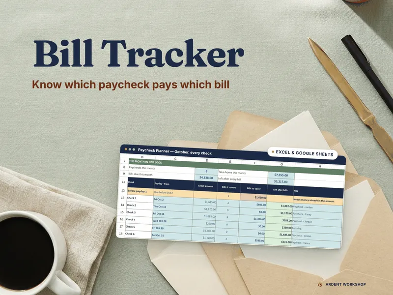 Bill Tracker spreadsheet for Excel - the Paycheck Planner from the workbook laid over a desk of opened bills, showing which paycheck covers which bill