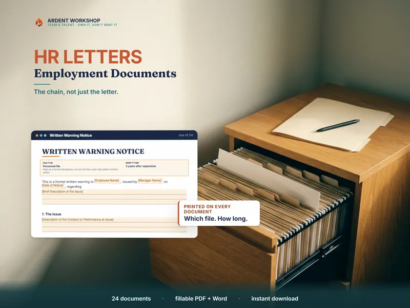 HR Letters & Employment-Document Template Pack — 24 fillable employment documents, each stamped with which employee file it belongs in