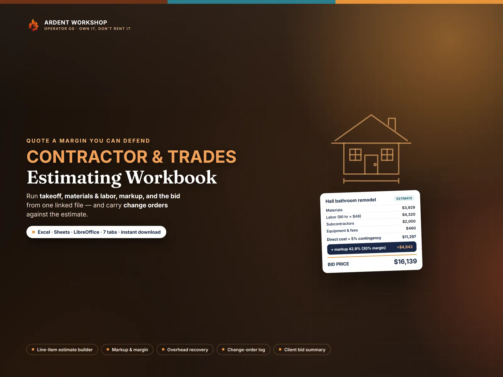 Contractor & Trades Estimating Workbook — construction job costing, bid markup & margin, overhead and change orders for Excel & Google Sheets