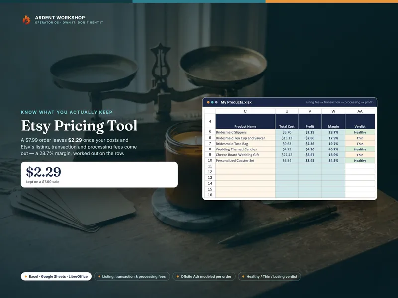 Etsy Pricing Tool — a real view of the My Products tab: each listing's total cost, profit, margin, and a Healthy or Thin verdict, worked out on the row