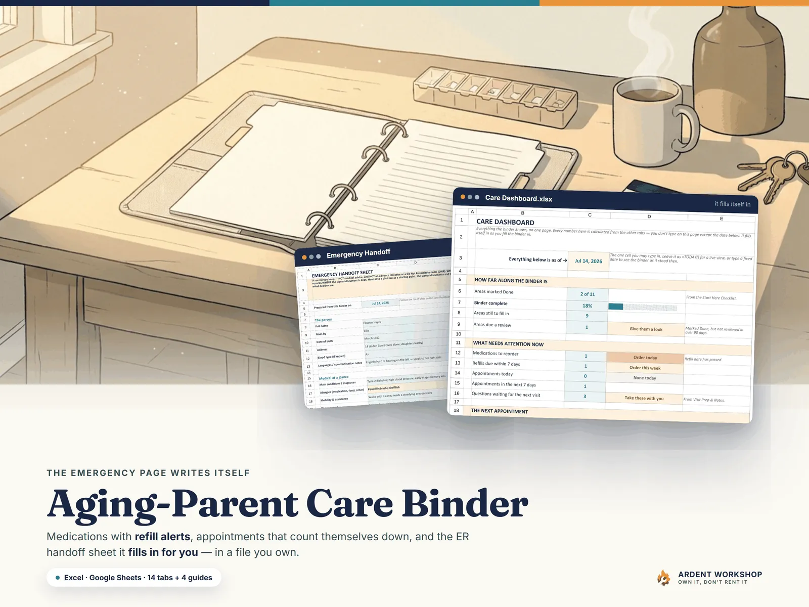 Caregiver / Aging-Parent Care Binder — organize an aging parent's medications, appointments, and care for Excel and Google Sheets