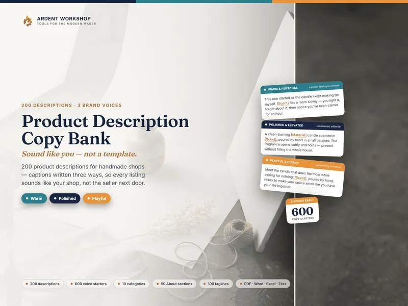 Maker's Product Description & Brand Voice Copy Bank — Sound like you, not a template: 200 descriptions in 3 voices