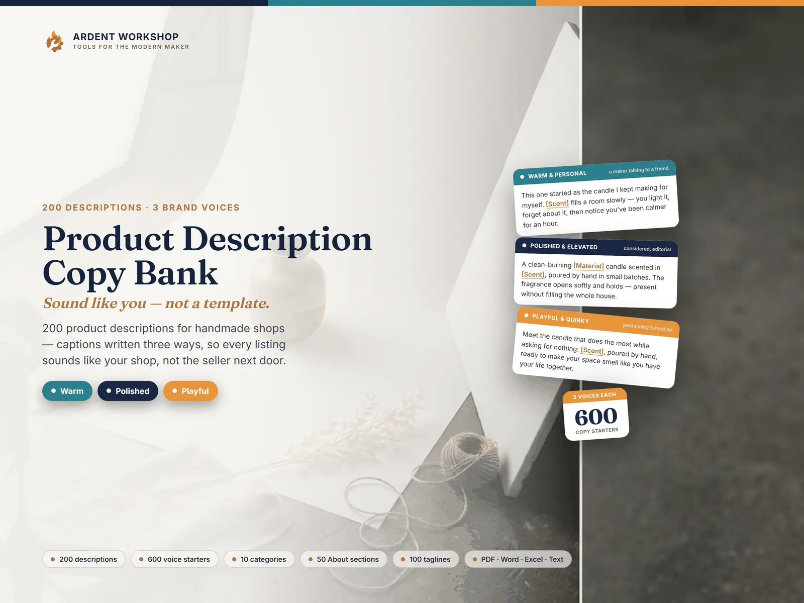 Maker's Product Description & Brand Voice Copy Bank — Sound like you, not a template: 200 descriptions in 3 voices
