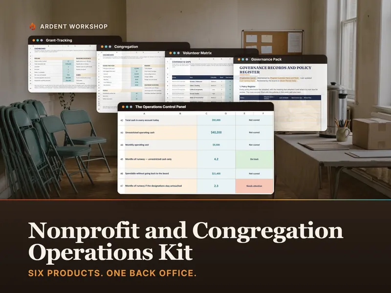 Nonprofit & Congregation Operations Kit — four component workbooks stacked over the Control Panel's runway block, in a community hall set up for a volunteer session