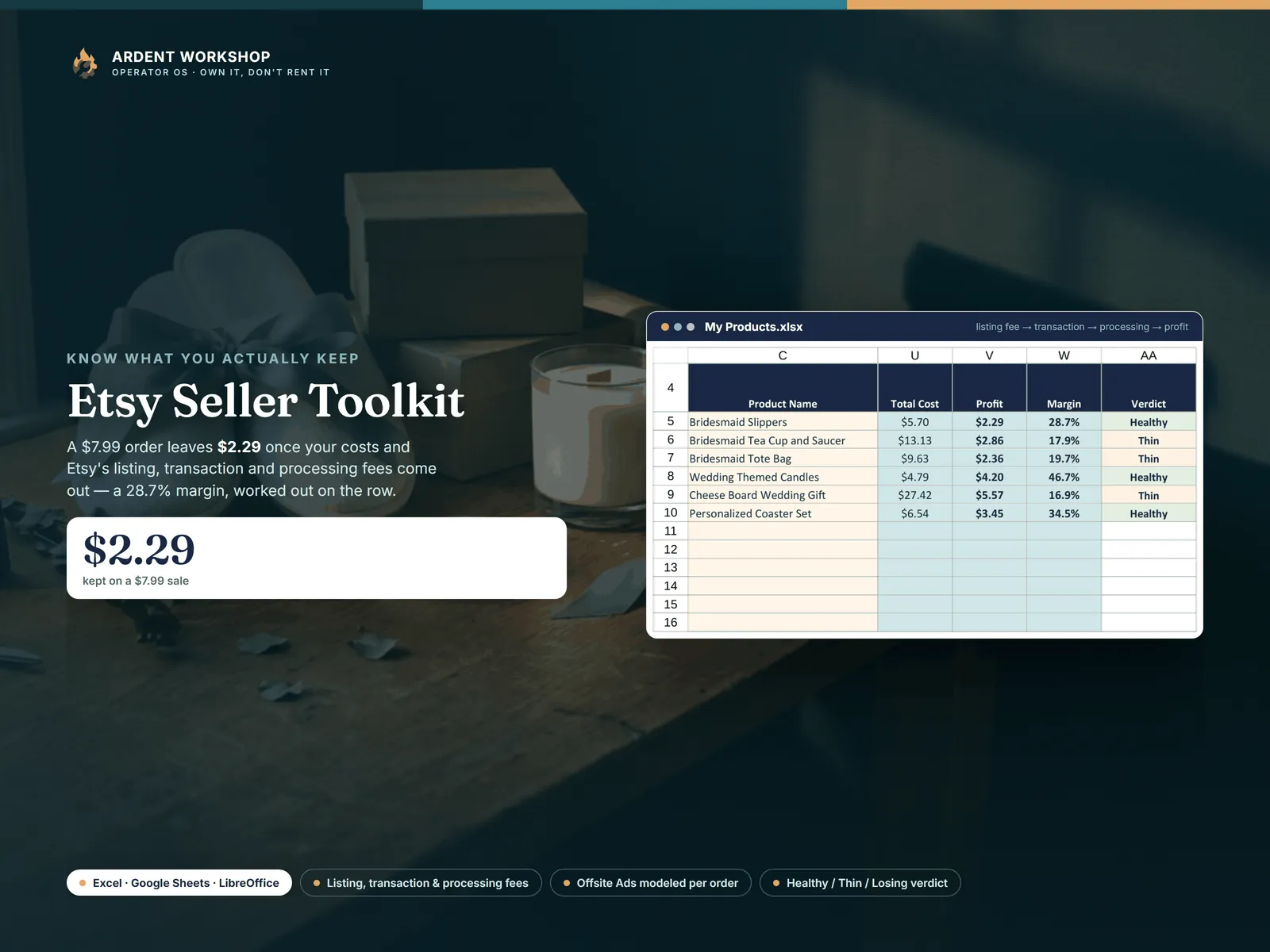 Etsy Seller Toolkit — a real view of the My Products tab: each listing's total cost, profit, margin, and a Healthy or Thin verdict, worked out on the row