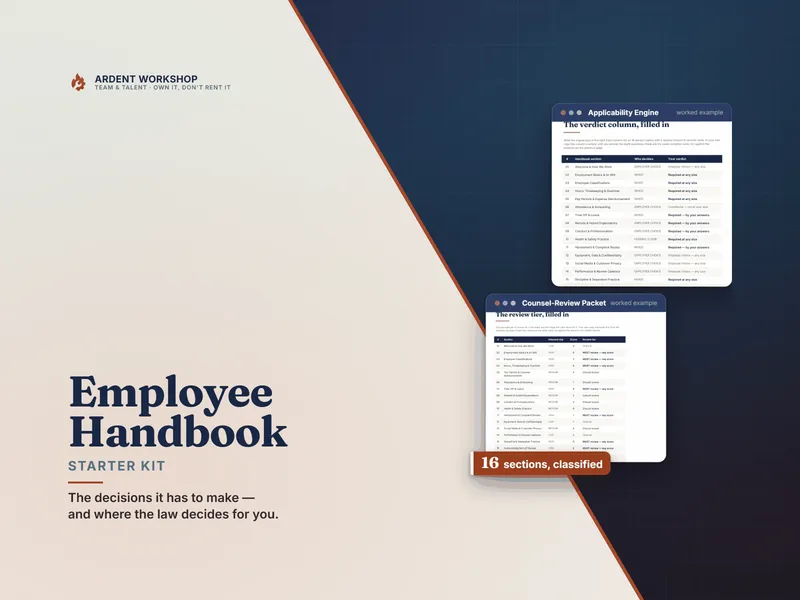 Employee Handbook Starter Kit — 16 fill-in handbook sections with an engine that computes which policies your headcount requires