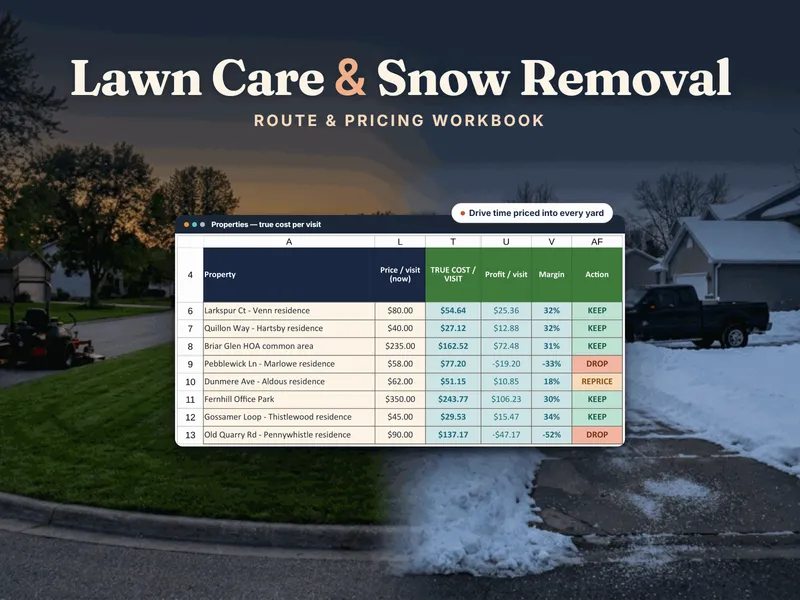 Lawn Care & Snow Removal Route & Pricing Workbook for Excel and Google Sheets — price vs true cost per visit and an action per yard