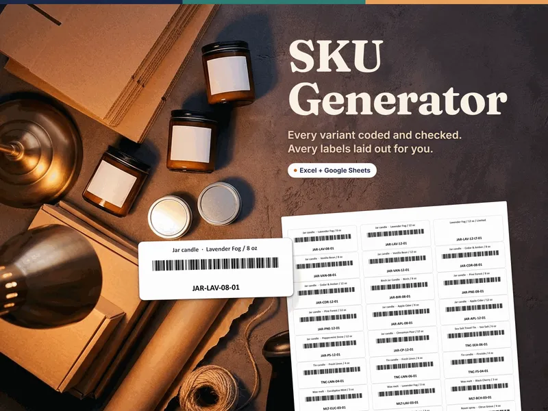 SKU Generator for Excel and Google Sheets - a printed Avery 5160 sheet of 30 SKU labels from the workbook, most carrying a Code 39 barcode and one longer SKU printed as text only, on a candle shop's packing bench, with the label JAR-LAV-08-01 magnified