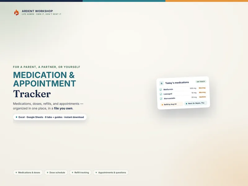 Medication & Appointment Tracker — organize medications, doses, refills, and appointments in one file for Excel and Google Sheets