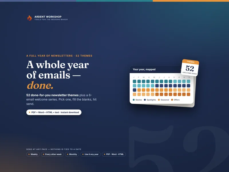 Maker's Newsletter Year — a whole year of emails, done: 52 themes + a 6-email welcome series