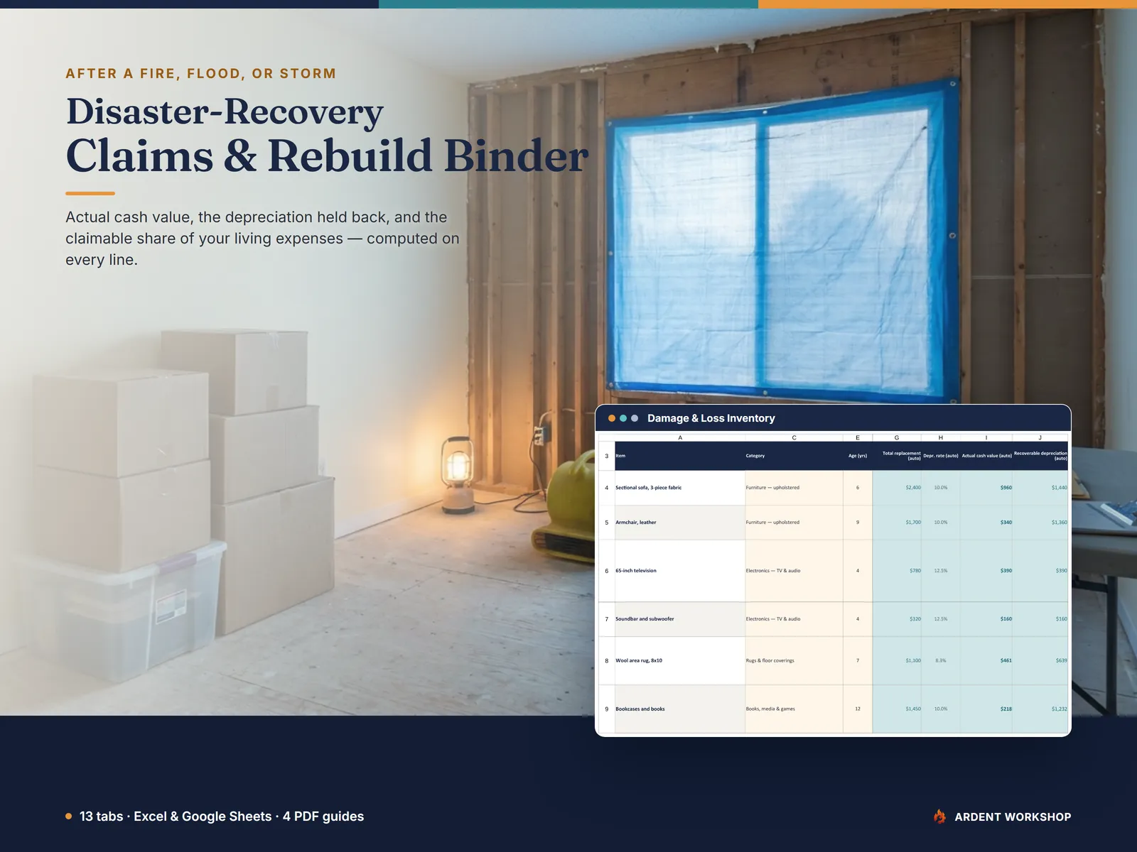 Disaster-Recovery Claims & Rebuild Binder — the loss inventory open in a room being repaired after a storm, showing the actual cash value and held-back depreciation per item