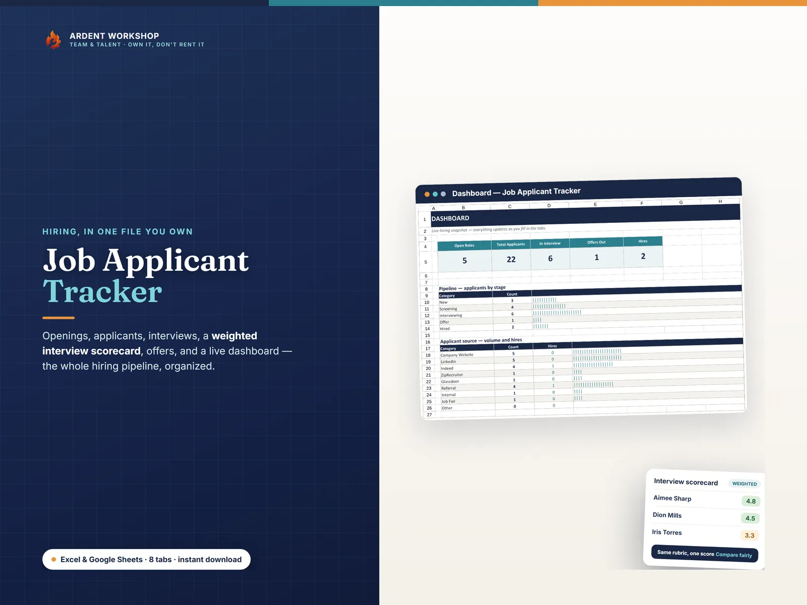 Job Applicant Tracker for Excel & Google Sheets — hiring pipeline and live dashboard