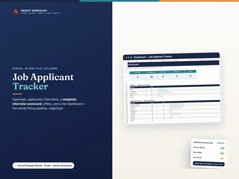 Job Applicant Tracker for Excel & Google Sheets — hiring pipeline and live dashboard