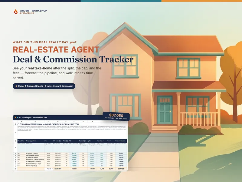 Real-Estate Agent Deal & Commission Tracker — net take-home after your split and cap, a deal pipeline, and Schedule-C tax for Excel & Google Sheets