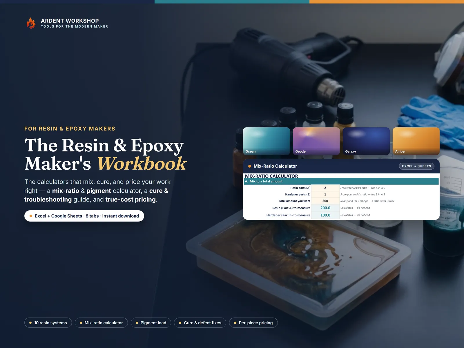 The Resin & Epoxy Maker's Workbook — the Mix-Ratio Calculator tab computing 200.0 g resin and 100.0 g hardener from a 2:1 ratio and a 300 g total