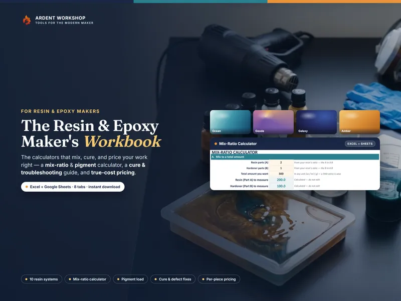 The Resin & Epoxy Maker's Workbook — the Mix-Ratio Calculator tab computing 200.0 g resin and 100.0 g hardener from a 2:1 ratio and a 300 g total