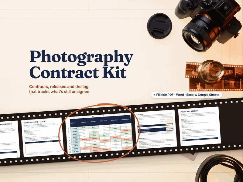 Photography Client & Contract Kit — a film strip of a session agreement, an adult model release, a pricing guide estimate and a property release, with the Checklist tab circled, marking each booking's documents Done, n/a or MISSING